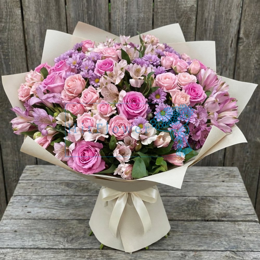 Элитный букет цветов из: Хризантемы, Альстромерии и Розы